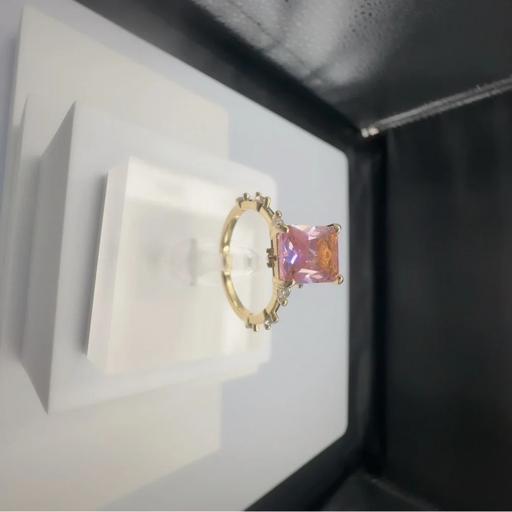 Princess Cut Pink CZ Gold Plated Ring Size 8 - Picture 14 of 16
